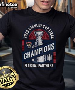 Official Florida Panthers 2025 Stanley Cup Champions Shine T-Shirt featuring team logo and championship graphics.