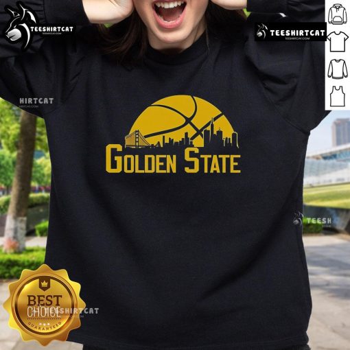 Alt Text: Premium Golden State cityscape skyline sweatshirt featuring a vibrant design of iconic landmarks in California.