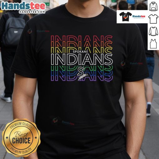Official Spokane Indians Langford Pride T-Shirt featuring vibrant team colors and logo, perfect for fans and supporters.