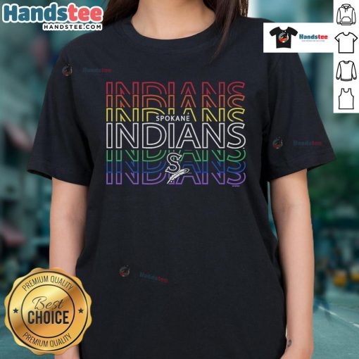 Official Spokane Indians Langford Pride Ladies Tee featuring team logo and vibrant colors, perfect for fans.