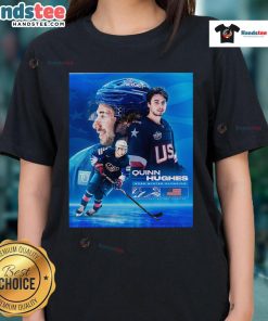Official Quinn Hughes USA Hockey Winter Olympics 2026 poster on a ladies tee, showcasing team spirit and athletic pride.