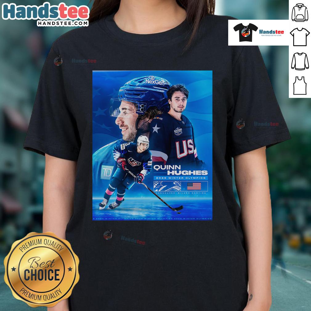 Official Quinn Hughes Usa Hockey Winter Olympics 2026 Poster Ladies Tee Official Quinn Hughes USA Hockey Winter Olympics 2026 poster on a ladies tee, showcasing team spirit and athletic pride.