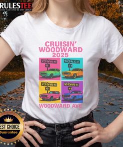 Alt Text: Awesome 2025 Woodward Ave M1 Car Cruise pop art ladies tee featuring vibrant graphics and stylish design.