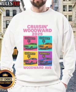 Alt Text: Awesome 2025 Woodward Ave M1 Car Cruise pop art sweatshirt featuring vibrant graphics and classic car designs.