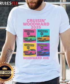 Alt Text: Awesome 2025 Woodward Ave M1 Car Cruise Pop Art T-Shirt featuring vibrant car graphics and colorful design.