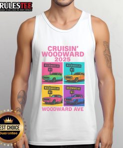 Awesome 2025 Woodward Ave M1 Car Cruise pop art tank top design featuring colorful graphics and retro automotive themes.