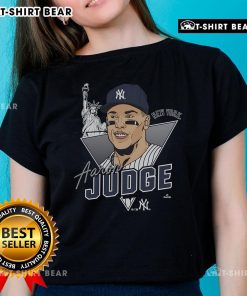 Alt Text: Caricature of Aaron Judge, New York Yankees player, on a stylish ladies tee shirt design.