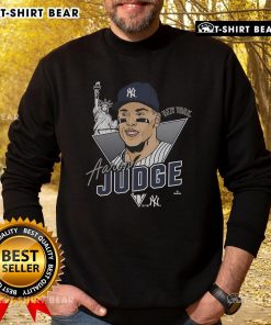 Awesome Aaron Judge New York Yankees player caricature sweatshirt featuring vibrant graphics and bold team colors.