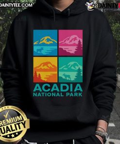 Colorful Warhol-style hoodie featuring Acadia National Park design, perfect for nature lovers and art enthusiasts.