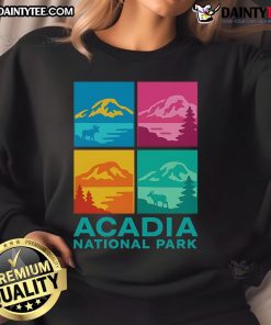 Colorful Warhol-style sweatshirt featuring Acadia National Park design, perfect for nature lovers and art enthusiasts.