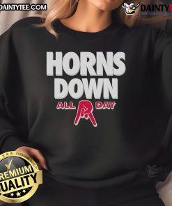 Alt Text: Awesome All Day Horns Down Ohio State Sweatshirt featuring bold graphics and a comfortable fit for fans.