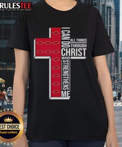 Alt Text: Awesome Arkansas Razorbacks ladies tee featuring 'I Can Do All Things Through Christ Who Strengthens Me' design.
