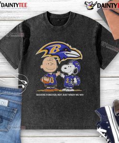 Awesome Baltimore Ravens Charlie Brown Snoopy 'Ravens Forever' washed t-shirt showcasing team spirit and humor.