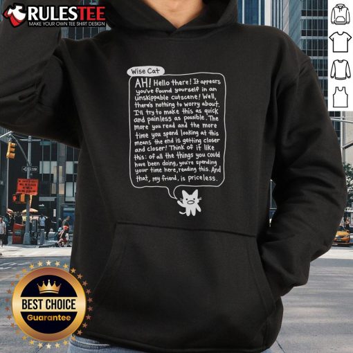 Alt Text: Awesome Bandage Brigade Unskippable Cutscene Wise Cat Hoodie featuring vibrant design and cozy fit for gamers.