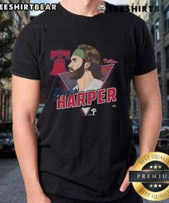 Bryce Harper caricature on a Philadelphia Phillies T-shirt, showcasing a vibrant design for baseball fans.