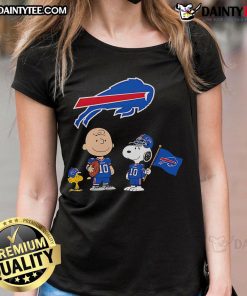 Awesome Buffalo Bills Charlie Brown Snoopy Woodstock Peanuts ladies tee featuring fun cartoon design and team colors.
