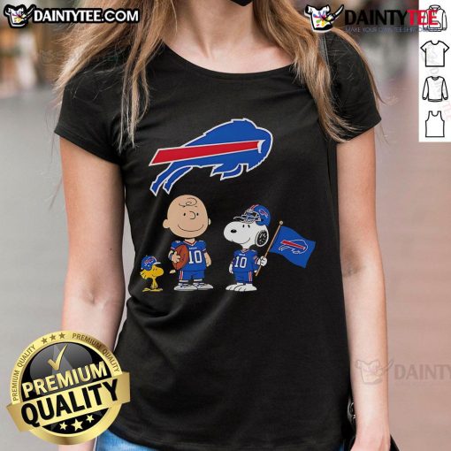 Awesome Buffalo Bills Charlie Brown Snoopy Woodstock Peanuts ladies tee featuring fun cartoon design and team colors.