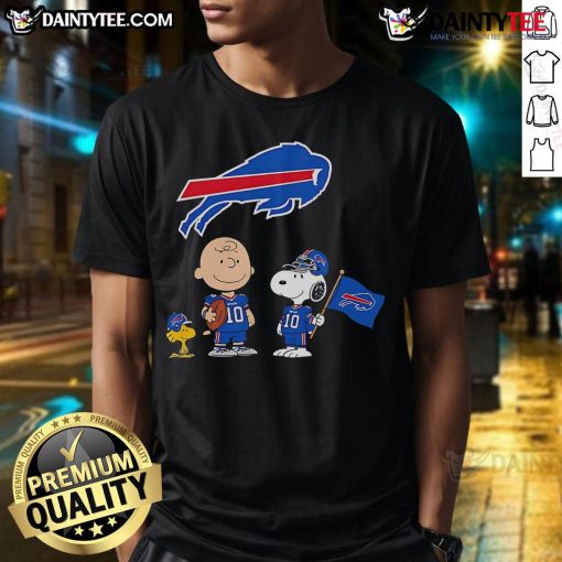 Awesome Buffalo Bills Charlie Brown Snoopy Woodstock Peanuts T-Shirt featuring iconic characters and team colors.