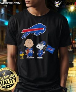 Awesome Buffalo Bills Charlie Brown Snoopy Woodstock Peanuts T-Shirt featuring iconic characters and team colors.