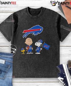 Awesome Buffalo Bills Charlie Brown Snoopy Woodstock Peanuts washed t-shirt featuring iconic characters in team colors.