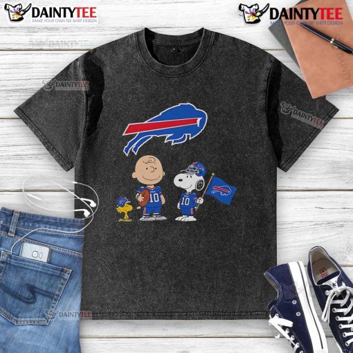 Awesome Buffalo Bills Charlie Brown Snoopy Woodstock Peanuts washed t-shirt featuring iconic characters in team colors.