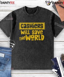 Awesome Cashier Will Save The World washed t-shirt featuring a vibrant graphic design and comfortable fit.
