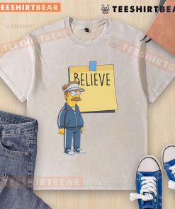 Awesome Coach Ned Flanders wearing a 'Believe' T-shirt from The Simpsons, showcasing his iconic, cheerful personality.