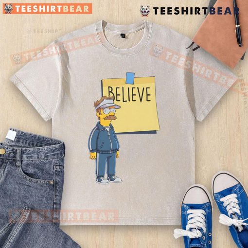 Awesome Coach Ned Flanders wearing a 'Believe' T-shirt from The Simpsons, showcasing his iconic, cheerful personality.