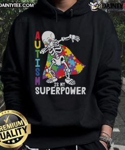 Awesome dabbing skeleton wearing an autism awareness puzzle cape hoodie, showcasing superpower spirit and support.