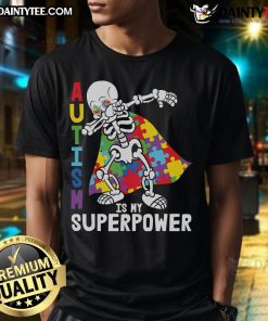 Alt Text: Awesome Dabbing Skeleton Autism Awareness Puzzle Cape Superpower T-Shirt featuring vibrant colors and a fun design.