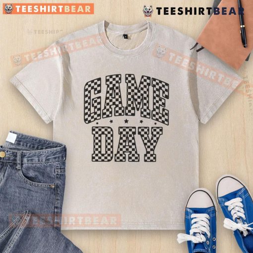 Alt Text: Awesome Game Day Checker Pattern Text Washed T-Shirt in vibrant colors, perfect for sports fans and casual wear.