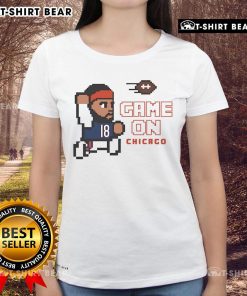 Alt Text: Awesome Game On Caleb Williams Chicago Bears 8-Bit Ladies Tee featuring retro design and team colors.