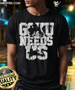 Awesome Goku Needs Us vintage Dragon Ball Z inspired anime T-shirt featuring Goku in a dynamic pose with vibrant colors.