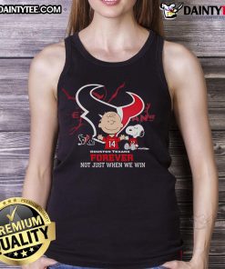 Charlie Brown and Snoopy graphic on a Houston Texans tank top, showcasing 'Texans Forever, Not Just When We Win' slogan.