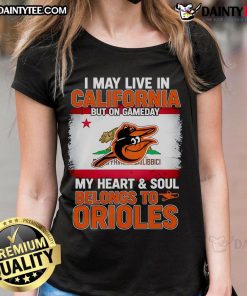 California fan wearing Orioles ladies tee, showcasing game day spirit and team pride in stylish design.