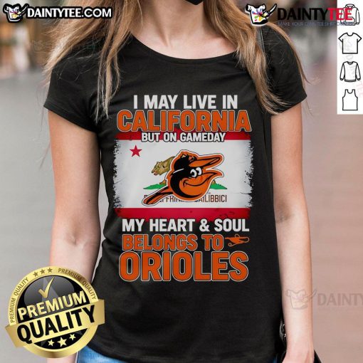 California fan wearing Orioles ladies tee, showcasing game day spirit and team pride in stylish design.