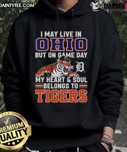 Person wearing a Detroit Tigers hoodie, showcasing team spirit in Ohio on game day, with vibrant colors and logo visible.