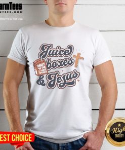 Awesome Juice Boxes and Jesus T-Shirt featuring vibrant graphics and playful design, perfect for casual wear or gifts.