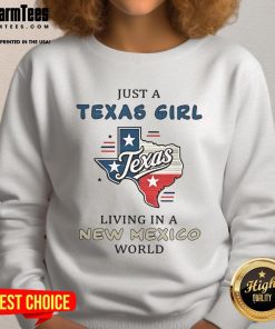 Texas girl in a cozy sweatshirt, showcasing 'Awesome Just A Texas Girl Living In A New Mexico World' design.