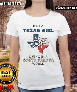 Texas girl in a South Dakota world wearing an 'Awesome Just A Texas Girl' ladies tee, showcasing style and pride.