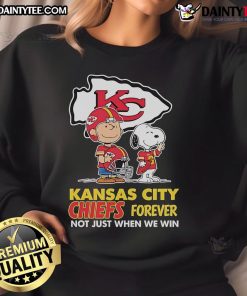 Alt Text: Awesome Kansas City Chiefs Charlie Brown Snoopy sweatshirt, 'Chiefs Forever, Not Just When We Win' design.