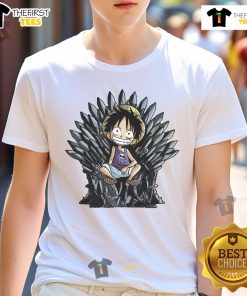 Awesome King Of Pirates Throne One Piece Luffy T-Shirt featuring vibrant graphics of Luffy in a majestic pirate throne.