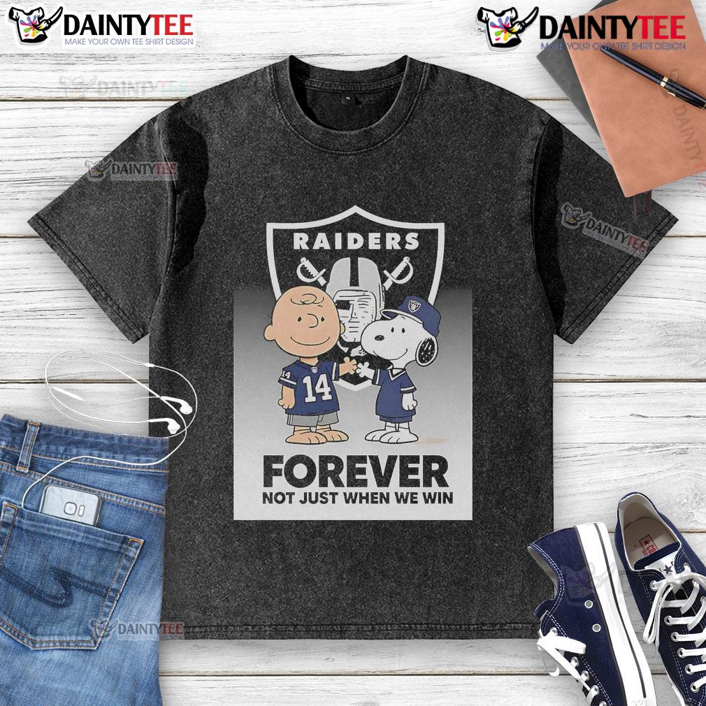 Awesome Las Vegas Raiders Charlie Brown Snoopy Raiders Forever Not Just When We Win Washed T-Shirt Awesome Las Vegas Raiders Charlie Brown Snoopy t-shirt, 'Raiders Forever Not Just When We Win' design in vibrant colors.