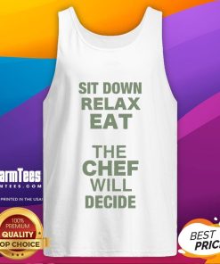 Person wearing 'Awesome Lettuce Sit Down Relax Eat' Omakase tank top, enjoying a meal in a cozy restaurant setting.