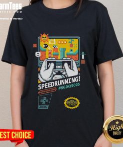 Awesome Mario SGDQ Speedrunning 2025 retro gamer ladies tee featuring vibrant graphics and a stylish design for gamers.