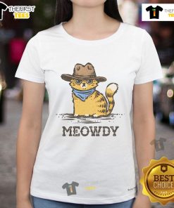 Awesome Meowdy Cowboy Cat Ladies Tee featuring a playful cat in a cowboy hat, perfect for cat lovers and fun apparel.