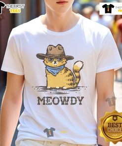 Awesome Meowdy Cowboy Cat T-Shirt featuring a playful cat in a cowboy hat, perfect for cat lovers and western fans.