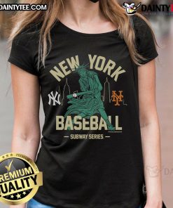 Alt Text: Awesome Mitchell & Ness Black New York Yankees vs New York Mets Subway Series Swinging Liberty Ladies Tee