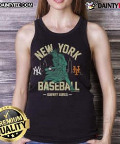 Alt Text: Awesome Mitchell & Ness Black New York Yankees vs. New York Mets Subway Series Swinging Liberty Tank Top