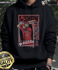 Alt Text: Awesome MLB The Show Angels Mike Trout hoodie featuring vibrant team colors and player graphics for fans.